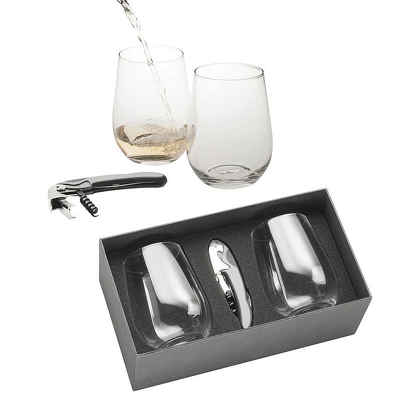 Two Stemless Wine Glasses and Waiters Friend 150mm